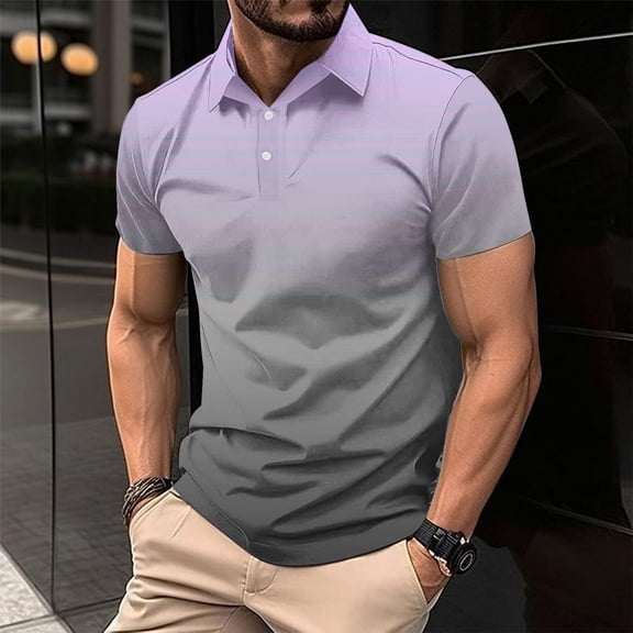 Dianli Gifts Shirts for Men Gradient Printed Turn-Down Collar Short Sleeve Button Pullover T-Shirt Cotton Linen Breathable Lightweight Relaxed Fit Everyday Wear