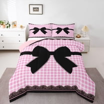 Homewish Cute Bowtie Ribbon Full Size Comforter Sets,Geometric Plaid Bedding Comforter Set,Pink Black Bedding Sets For Girls Kids,Ultra Soft Home Decor Reversible,3-Piece