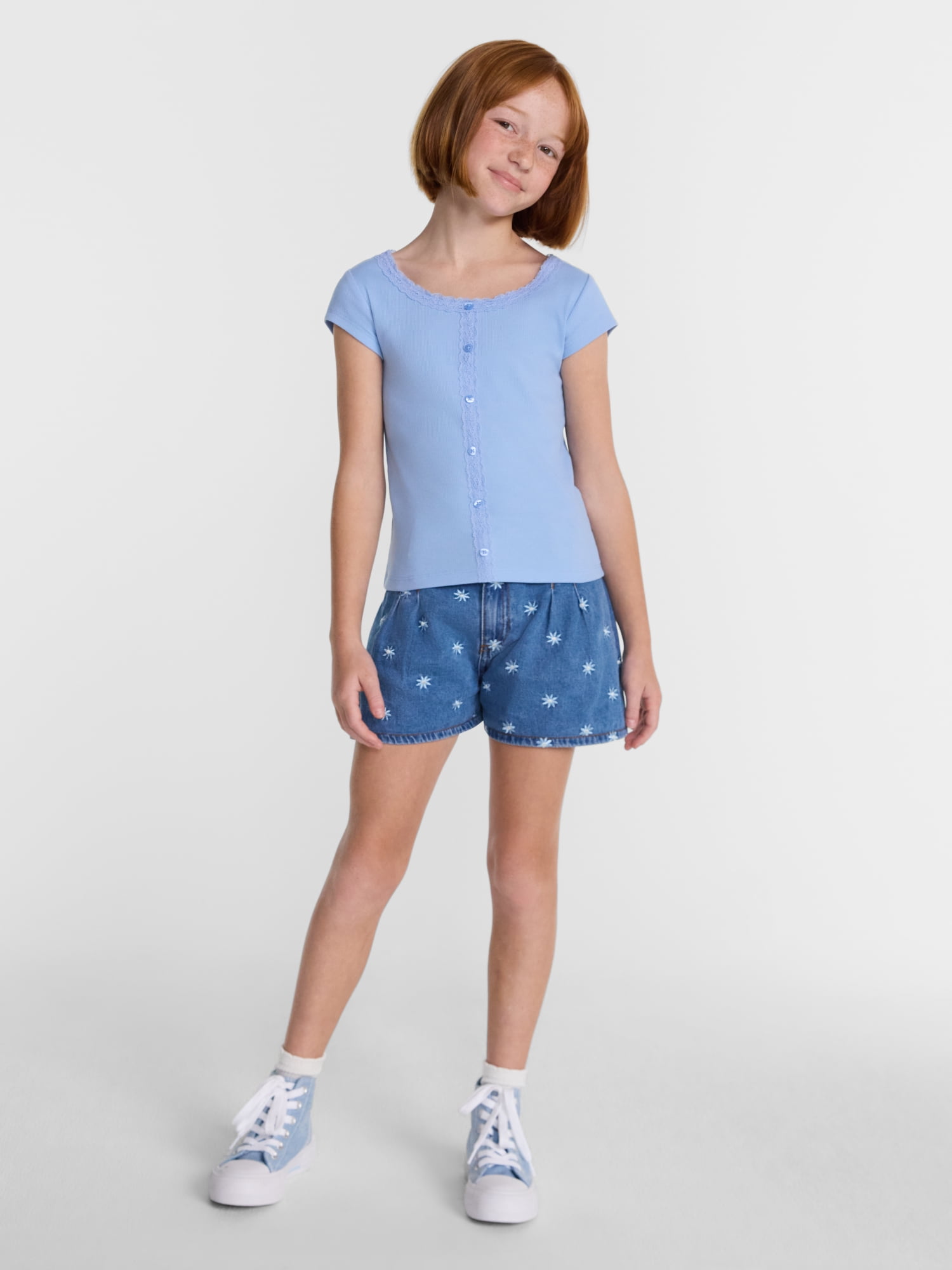 Wonder Nation Girls' Lace and Button Front Top with Short Sleeves, Sizes 4-18 & Plus