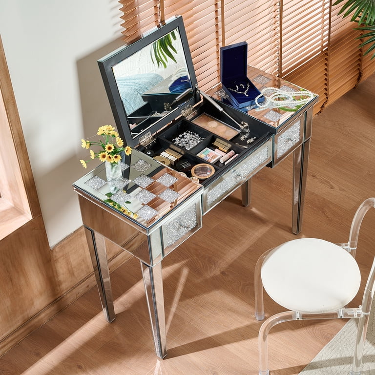 mirrored dressing table with mirror Euroco Makeup Vanity Desk Crushed Diamond Inlay, Silver with Flip-Top Mirror, Glass Console Table for Bedroom, Entryway, this glamour for your dressing table will enhance any room in your home Mirrored Vanities Desk with Drawers,