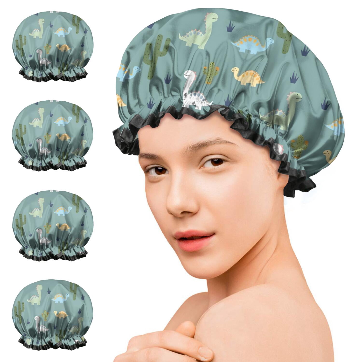 Shower Caps,LightBlue Cartoon Dinosaurs Cacti Pattern Waterproof Shower Cap for Women 4 Pieces,Double Reusable Hair Cover for Shower PEVA Elastic Stretch Hem