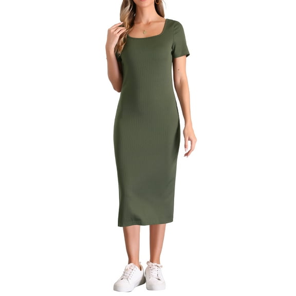 INSPIRE CHIC Women's Casual Short Sleeve Stretchy Ribbed Knit Slit Bodycon Midi Dress XS Army Green