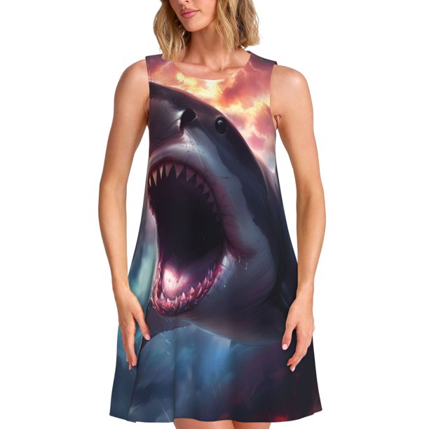 Balery Dramatic Shark Attack Vestidos de verano para mujer con estampado: vestido holgado sin mangas, vestido playero informal y cómodo para días calurosos.