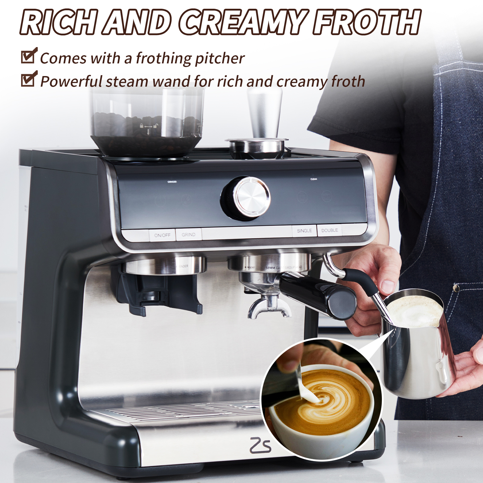 Espresso Machine with Grinder, Milk Frother Wand, 1450W, 20 Bar Professional Espresso Maker with Barista Kit, 2.8L Water Tank for Cappuccinos or Macchiatos