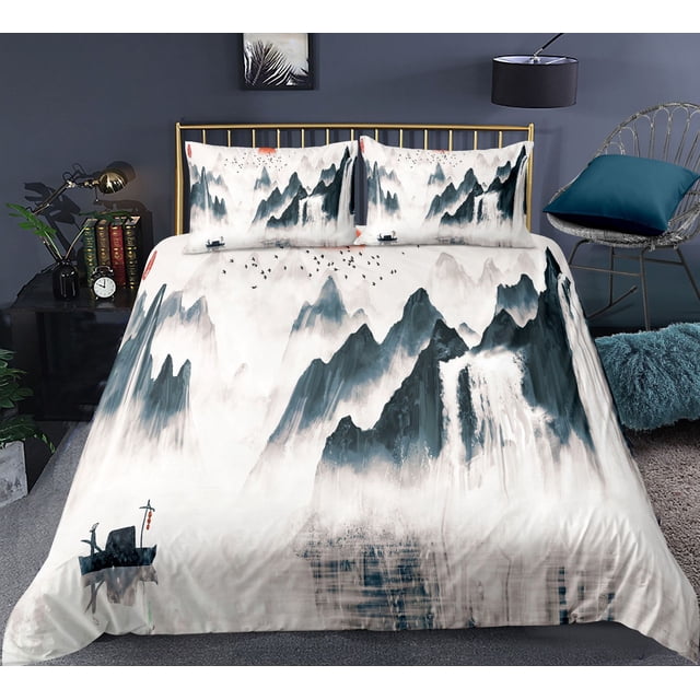 Landscape Painting Bedding Set Scenery Soft Bed Linen Home Decor Single Twin Full Size For Adults Ink And Wash Duvet Cover Set