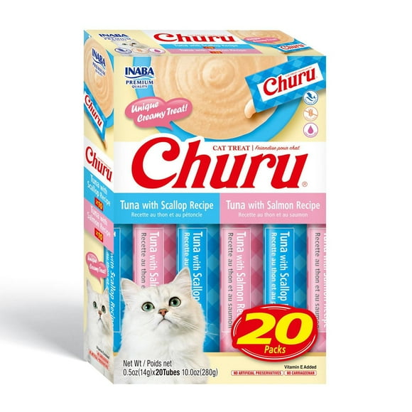 INABA Churu Cat Treats, Grain-Free Lickable Creamy Purée with Vitamin E, Tuna Variety Box, 20 Tubes