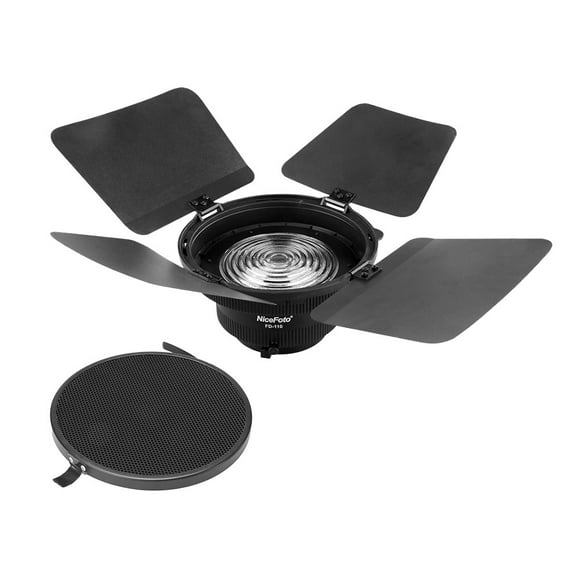 NiceFoto FD-110 Fresnel Mount Light Focusing Adapter with Lights Honeycomb Grids Barn Doors for Bowens Mount LED Video Light for Aputure Light Storm COB 120T 120D for Studio Portraits Wedding Photogra
