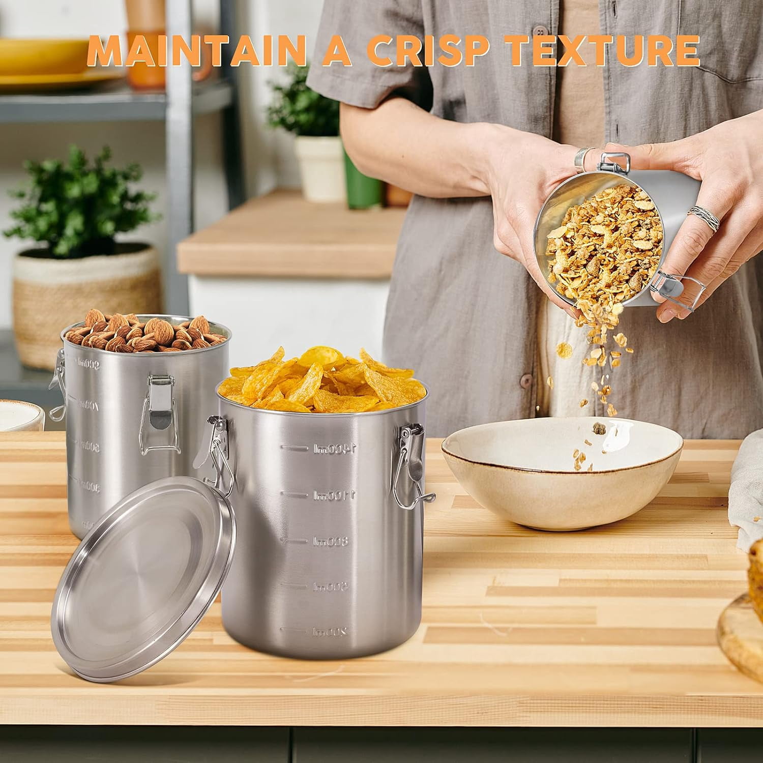 Compact Stainless Steel 100% Airtight Canisters Sets for Small Kitchens | Metal Food Storage Containers with Lids Sealed - Keep Flour, Sugar, Coffee, Tea Fresh for Months (18+35+56 fl oz)