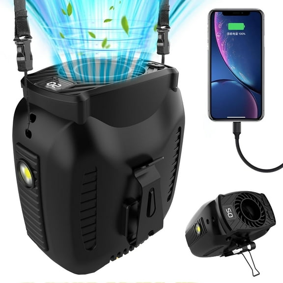 2025 Portable Waist Fan, 10000mAh Rechargeable Neck Fan with 5 Speeds & LED Flashlight, Belt Clip Fan up to 40H of Working Time for Outdoor Jobsite Camping Travel