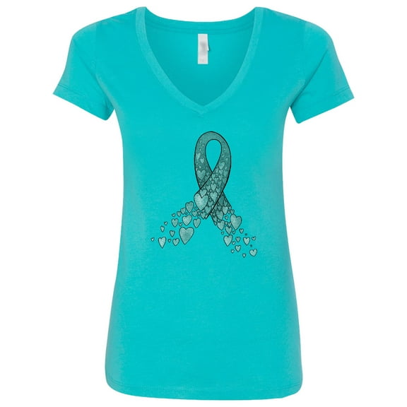 Inktastic Ovarian Cancer Awareness Teal Ribbon Made of Hearts Women's V-Neck T-Shirt