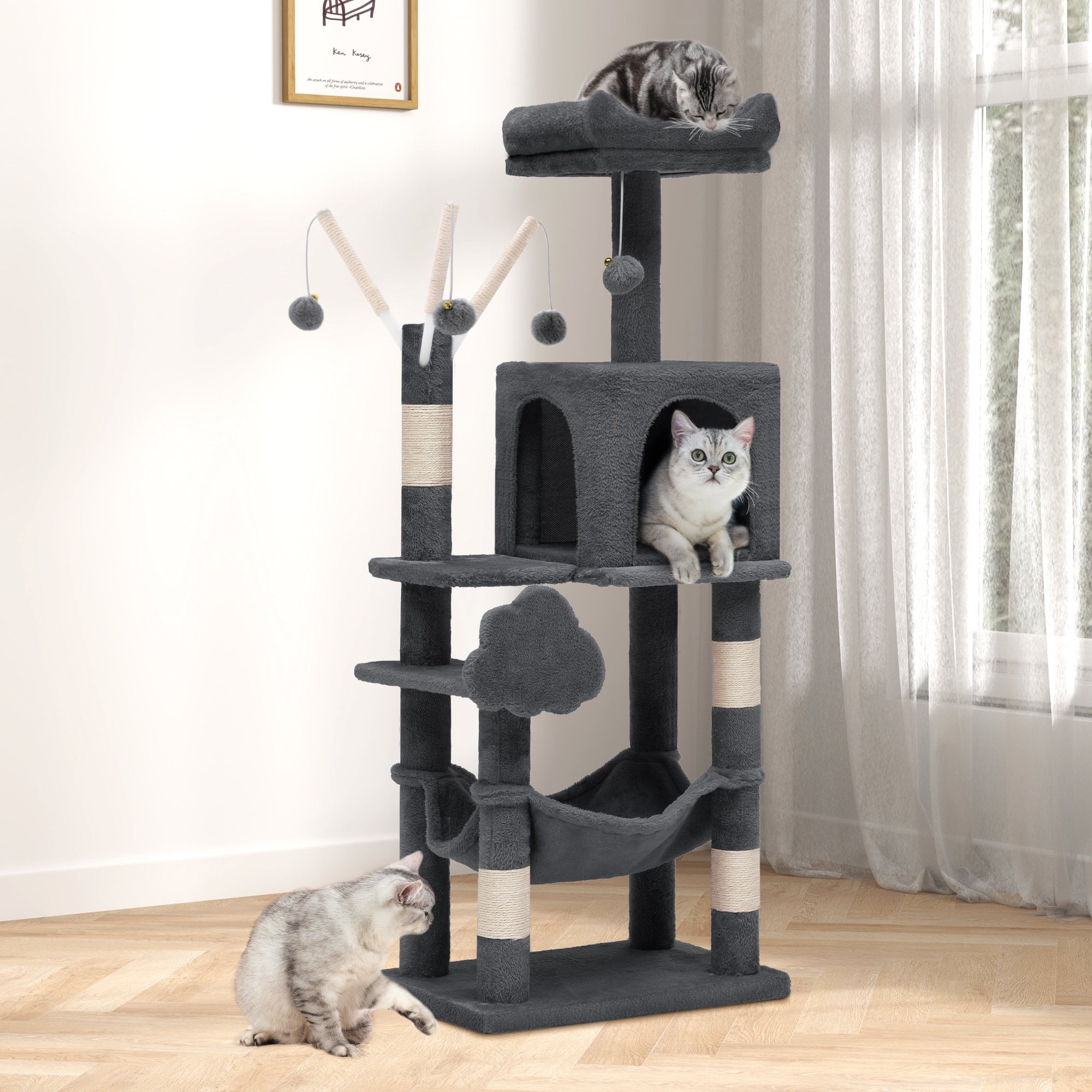 Uforic Cat Tree Condo 44" with Scratching Posts & Comfortable Hammock,Indoor  Cat Tower for Young Cats, Pet Play Center,Dark Gray