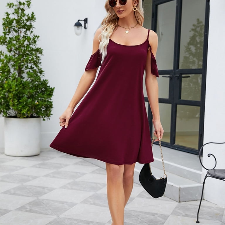 Previn Women's Midi Dresses Spring Cute Cold Shoulder Dress Casual High Waist Off The Shoulder Ruffle Dress Summer Sundress Burgundy Medium