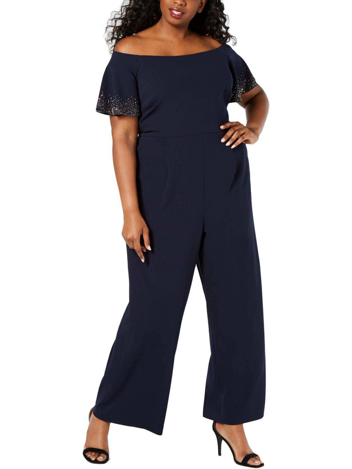 CALVIN KLEIN Womens Navy Embellished Short Sleeve Off Shoulder Evening Wide  Leg Jumpsuit Plus 22W 