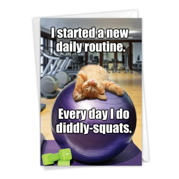NobleWorks - Diddly Squats - Funny Retirement Greeting Card with Envelope - Cute Cat Workout, Congrats Card C3955RTG