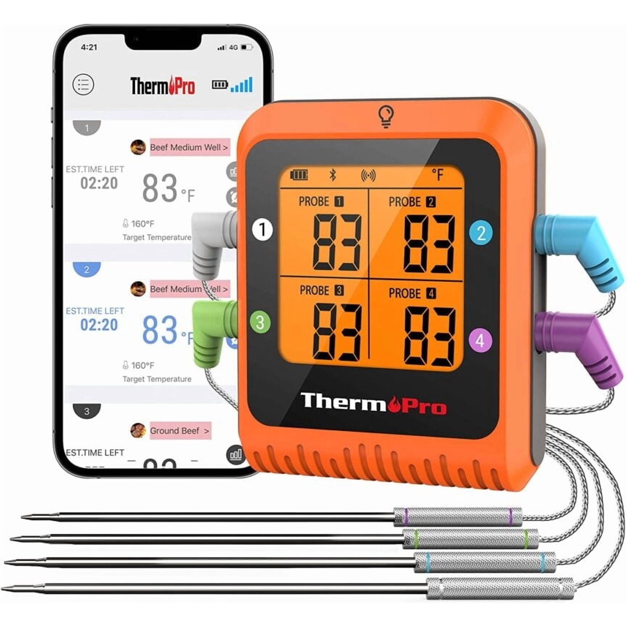 ThermoPro 650 ft Bluetooth Meat Thermometer with 4 Color-Coded Probes, Wireless Meat Thermometer