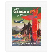 Fly to Alaska - by Clipper - Native Totem Pole - Vintage Airline Travel Poster by Mark Von Arenburg c.1947 - Fine Art Rolled Canvas Print 11in x 14in