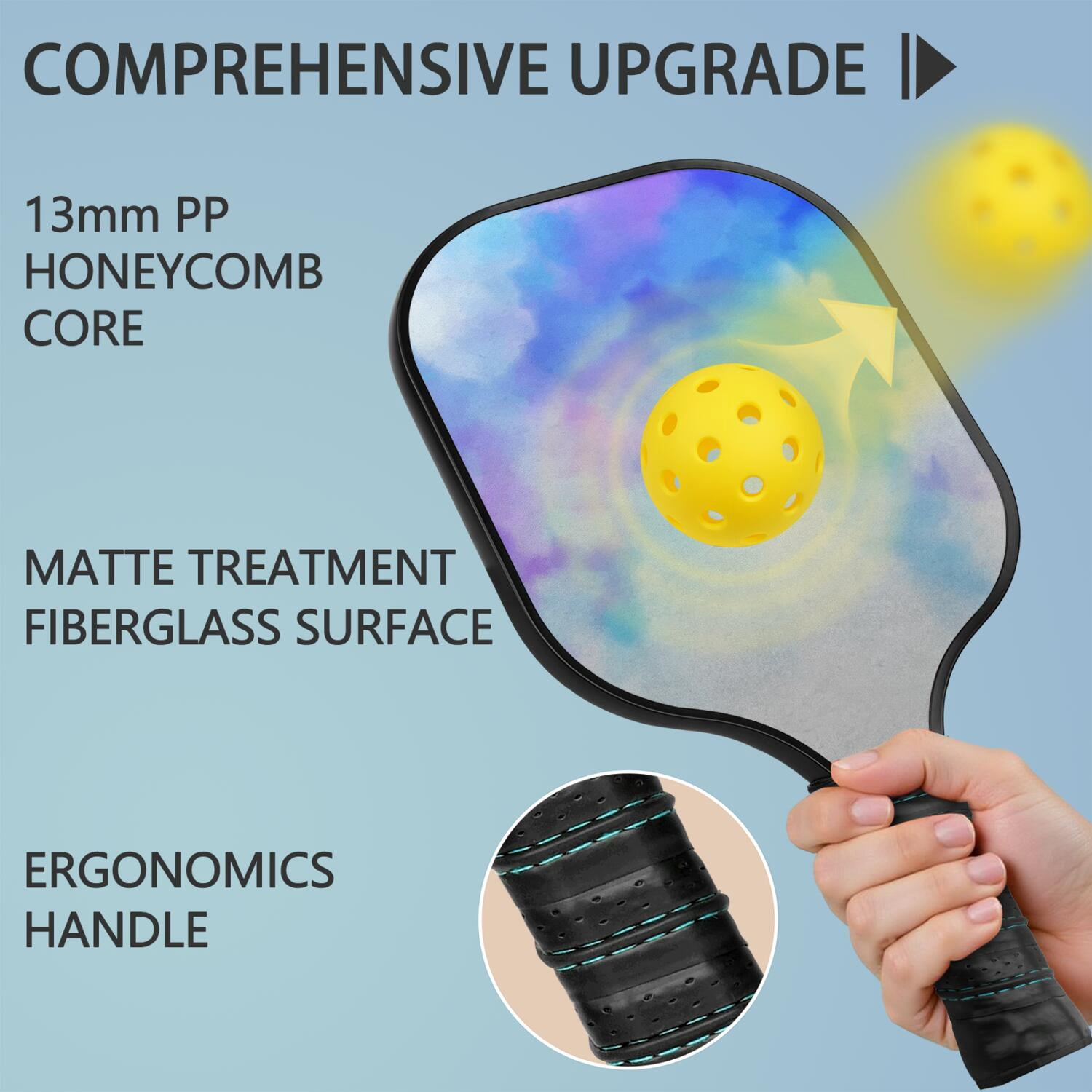Pickleball Paddles Set Of 2, Fiberglass Surface, Fluid Smoke Aurora Art Style, 4 Balls & Bag