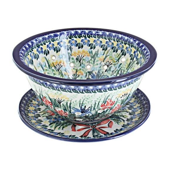 Blue Rose Polish Pottery Day Lily Bouquet Berry Bowl & Plate