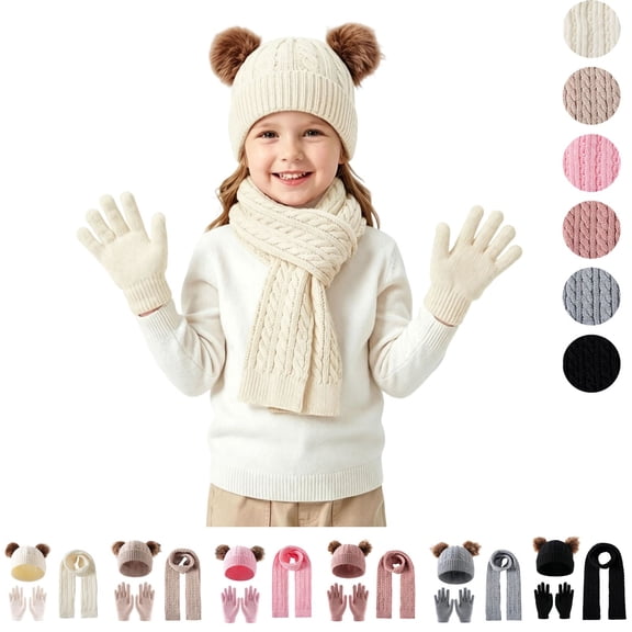 Sahpxhe Kids Winter Hat Gloves Scarf Set Cable Knit Double Pom Pom Beanie Scarf Gloves 3 Piece Set Outdoor Cold Weather Accessories White 3-12 Years