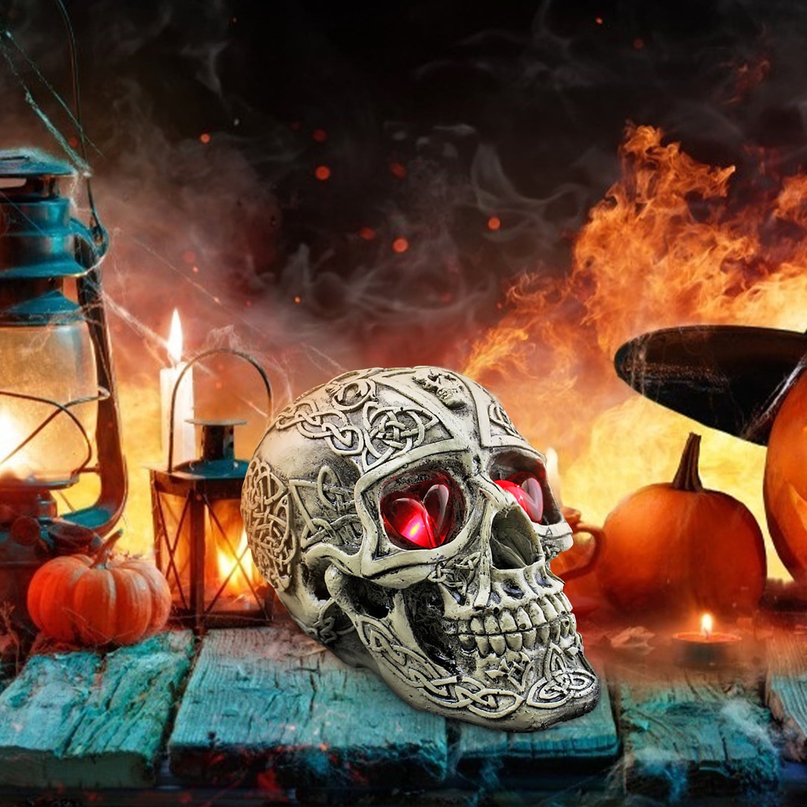 Halloween Glowing Skull Prop 6in Resin Animated Sound Light Up Skeleton Head Figurine Horror House Escape Room Party Dress Up Decoration Supplies Event Props