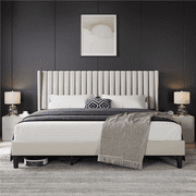 Yaheetech Upholstered Platform Bed with Headboard, King, Ivory