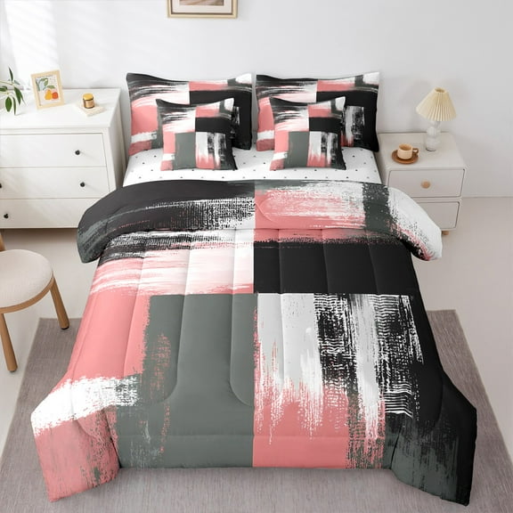 Manfei Pink Grey Abstract Twin Bedding Sets 7-Piece, Chic Minimalism Bedding Comforter Set, Teen Child Kid Adult Reversible Sheet Sets, Microfiber Bedroom Decor