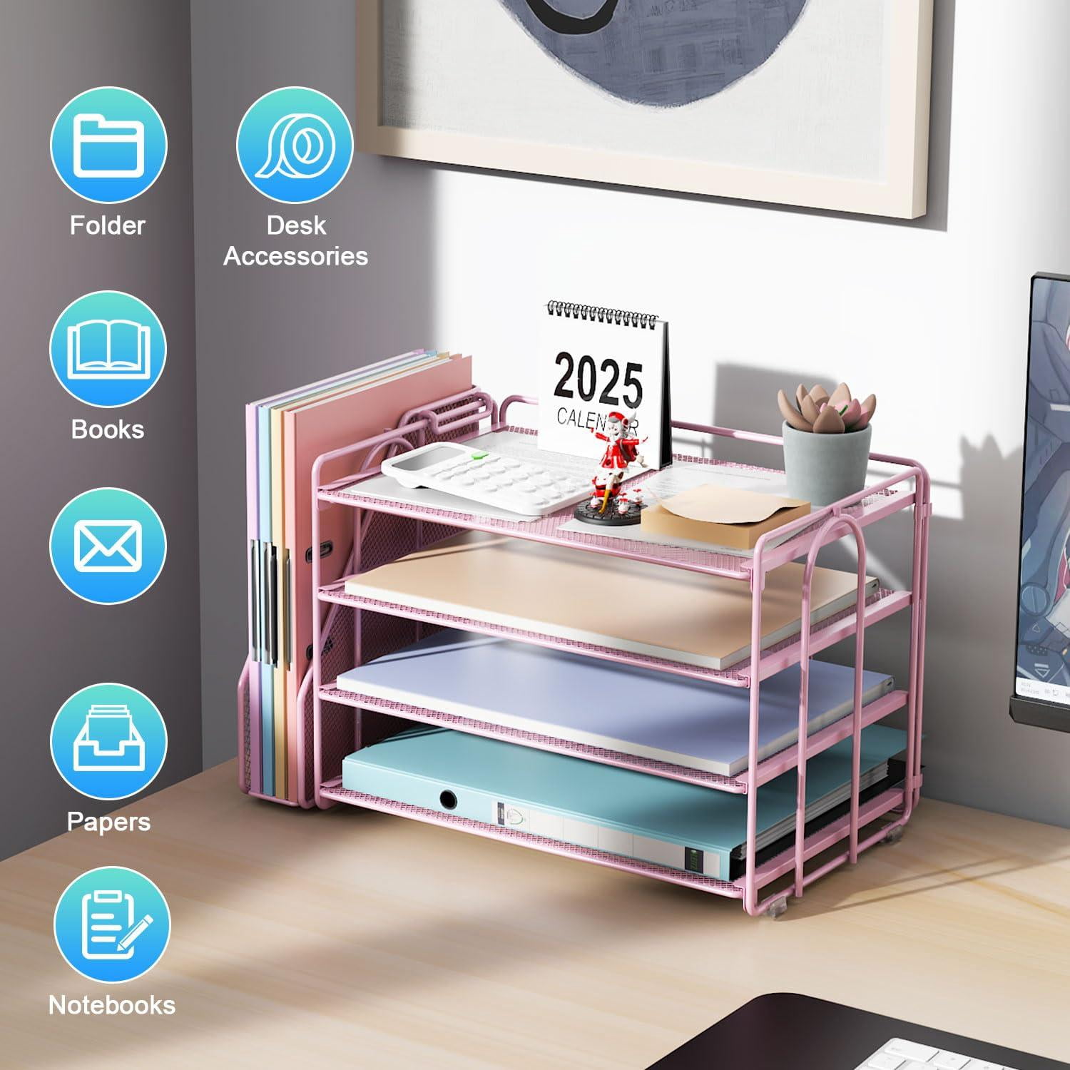 4-tier Paper Organizer With Magazine Holder  Desk Organizers And Accessories & Workspace File For Office Supplies Storag (pink 4-tier)
