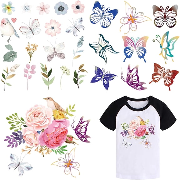 4pcs Flower Butterfly Bird Pattern Iron-on Heat Transfer Stickers PET Iron On Patches Washable Heat Transfer Stickers Clothes Patch Appliques for DIY Clothes Decoration About 9x9inColorful