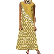 Winter Dresses for Women 2022 Women Fashion Casual Flower Print Crew Neck Sleeveless Loose Long Dress Yellow M