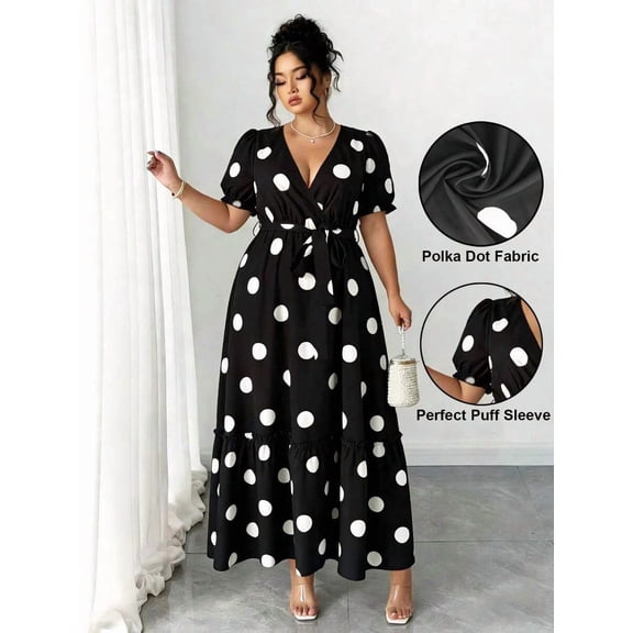 Black And White Polka Dot V-Neck Puff Sleeve Wrap Maxi Dress With Tie Waist