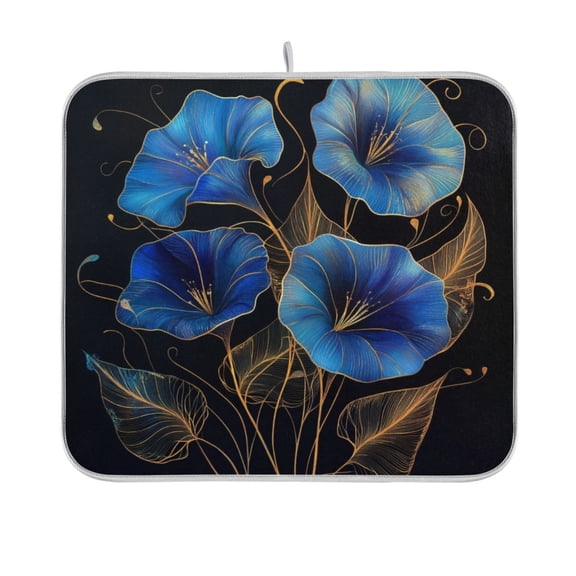 Dish Drying Mat Microfiber Kitchen Pad Large Counter Absorbent Dish Mats Drainer Rack 16"x18" Blue Morning Glory Flowers