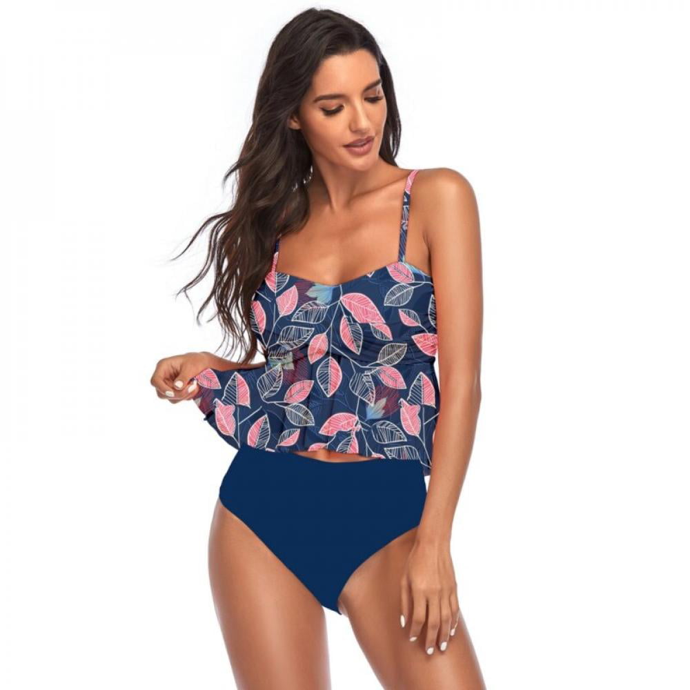 BLENCOT Women Fruit Print Swimwear Ruffled Detail High Waist Bikini Set Swimsuit