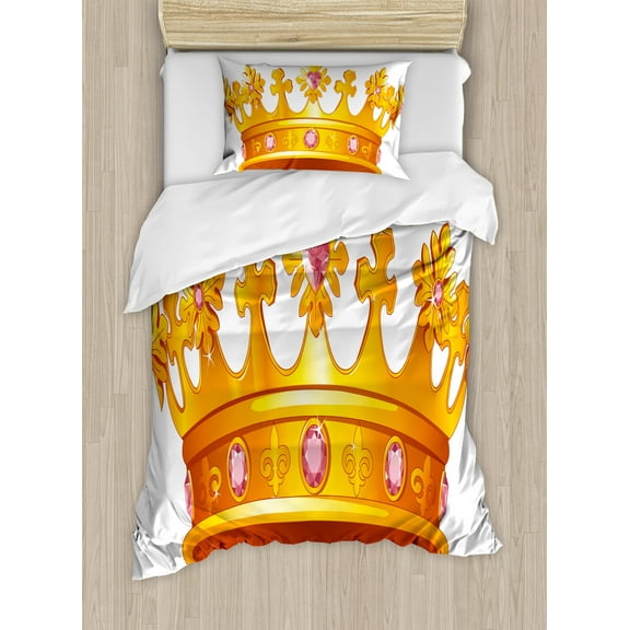 Queen Duvet Cover Set, Crown with Pale Pink Gemstone Antique Tiara Nobility Cartoon, Decorative 2 Piece Bedding Set with 1 Pillow Shams, Twin Size, Orange and Rose, by Ambesonne