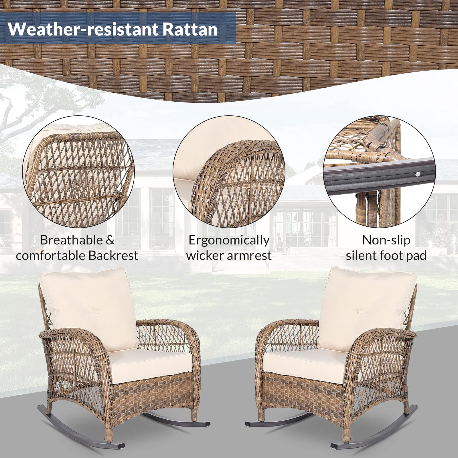 SOCIALCOMFY Wicker Steel Outdoor Rocking Chair with Beige Cushions