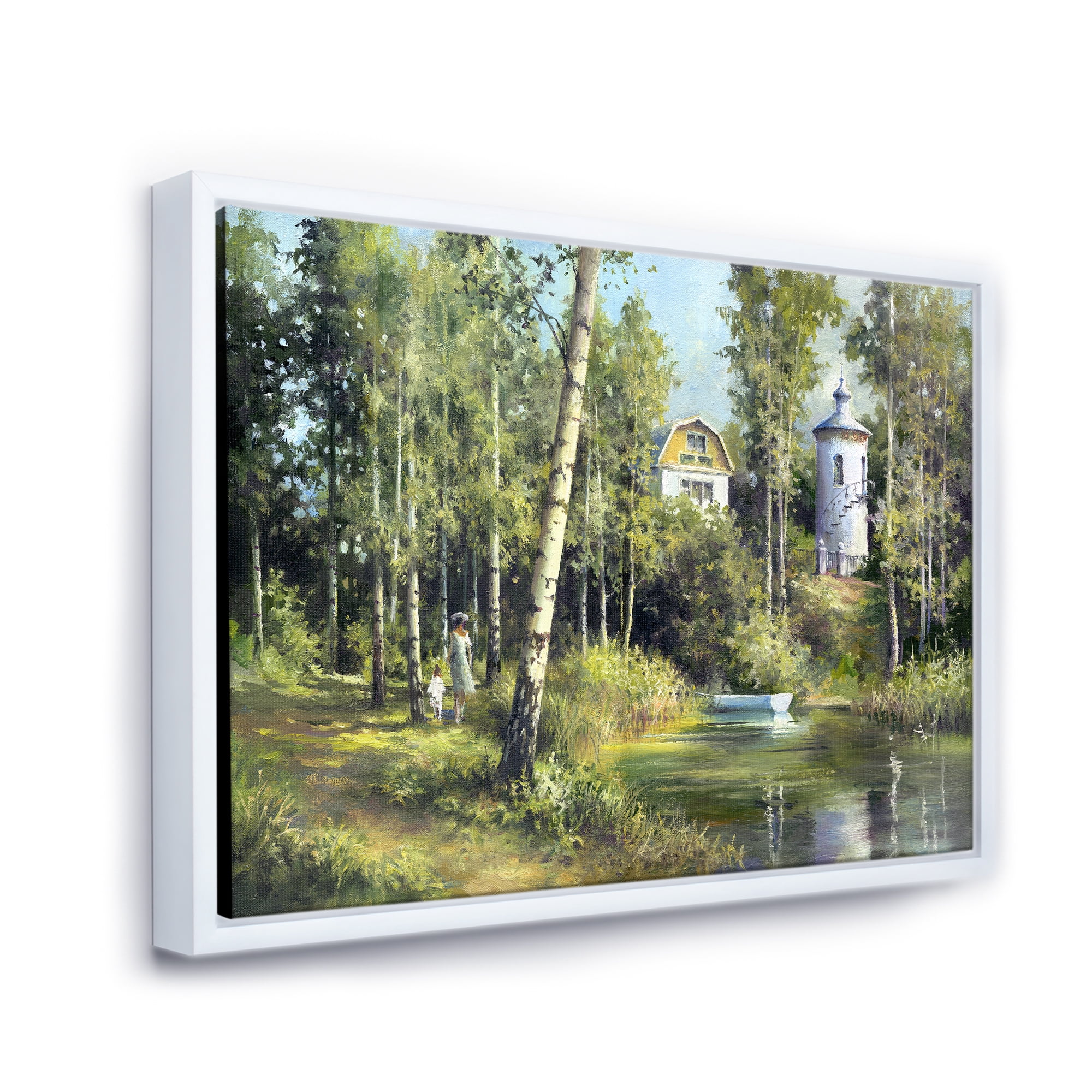 Designart 'The Wood River With Boat On A Decline By The Castle' Lake House Framed Canvas Wall Art Print