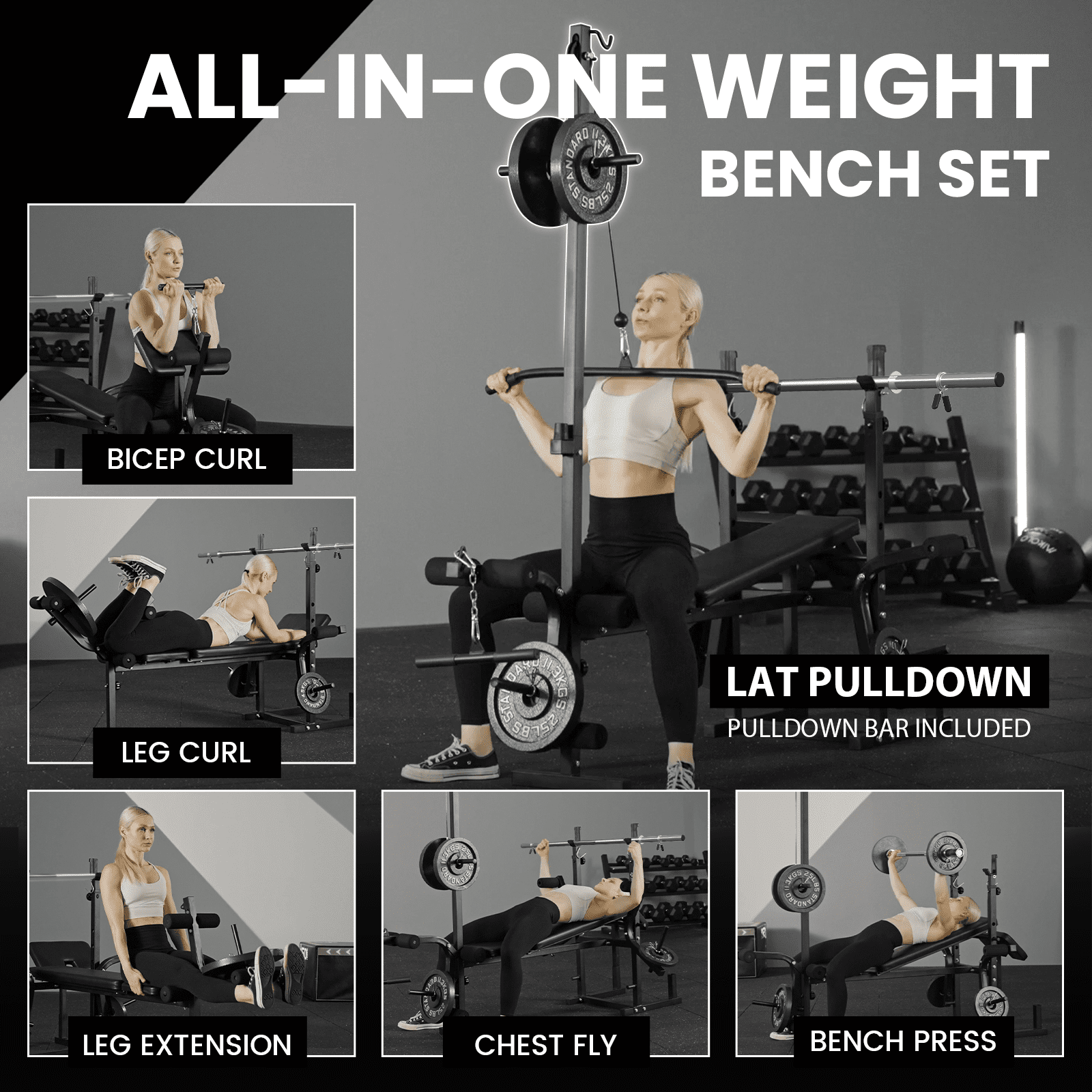 Mikolo Adjustable Weight Bench with Barbell 6 in 1 Lat Pull Down, Leg Extension and Leg Curl, Chest Fly and Preacher Curl Workout Bench Multi-Function Strength Training Bench Press Exercise Equipment
