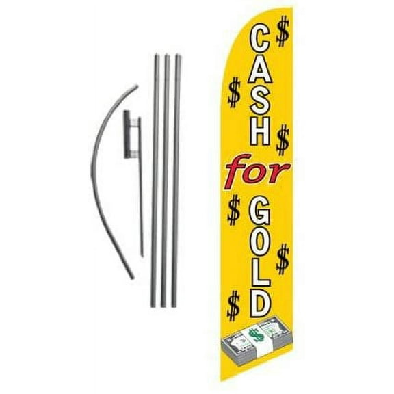 Cash for Gold Advertising Feather Banner Swooper Flag Sign with Flag Pole Kit and Ground Stake
