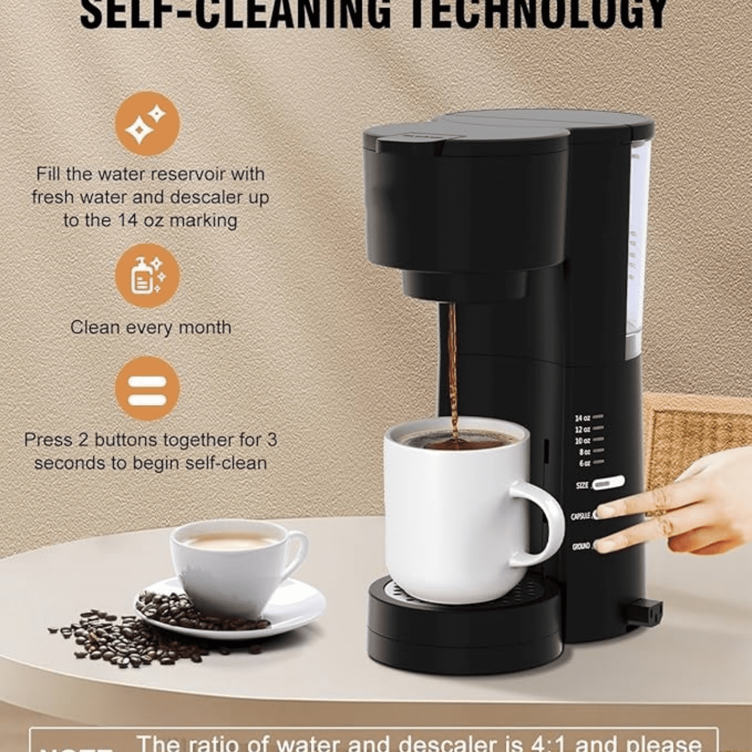 Single Serve Coffee Maker for K Cup & Ground Coffee with Milk Frother, 6 to 14 Oz Brew Sizes, Auto-Off Coffee Machine with Water Reservoir
