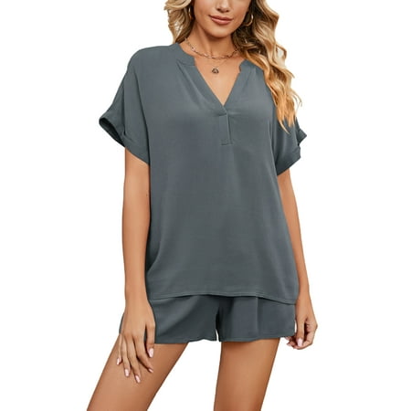 

Colisha Women Pajamas Set Elastic Waist Sleepwear Short Sleeve Lounge Sets Baggy Joggers V Neck Nightgown Gray XL