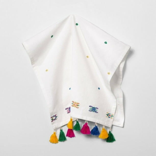 Beautiful Embroidered With Colored Tassels Kitchen Towel White