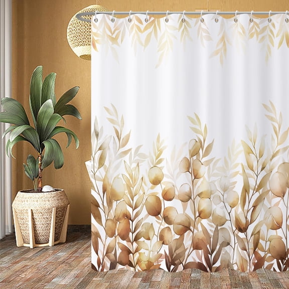 Khaki Leaf Shower Curtain, Khaki Watercolor Eucalyptus Leaves Botanical Plants Bathroom Curtain Waterproof Fabric Machine Washable with Hooks, 84" Wx72 L