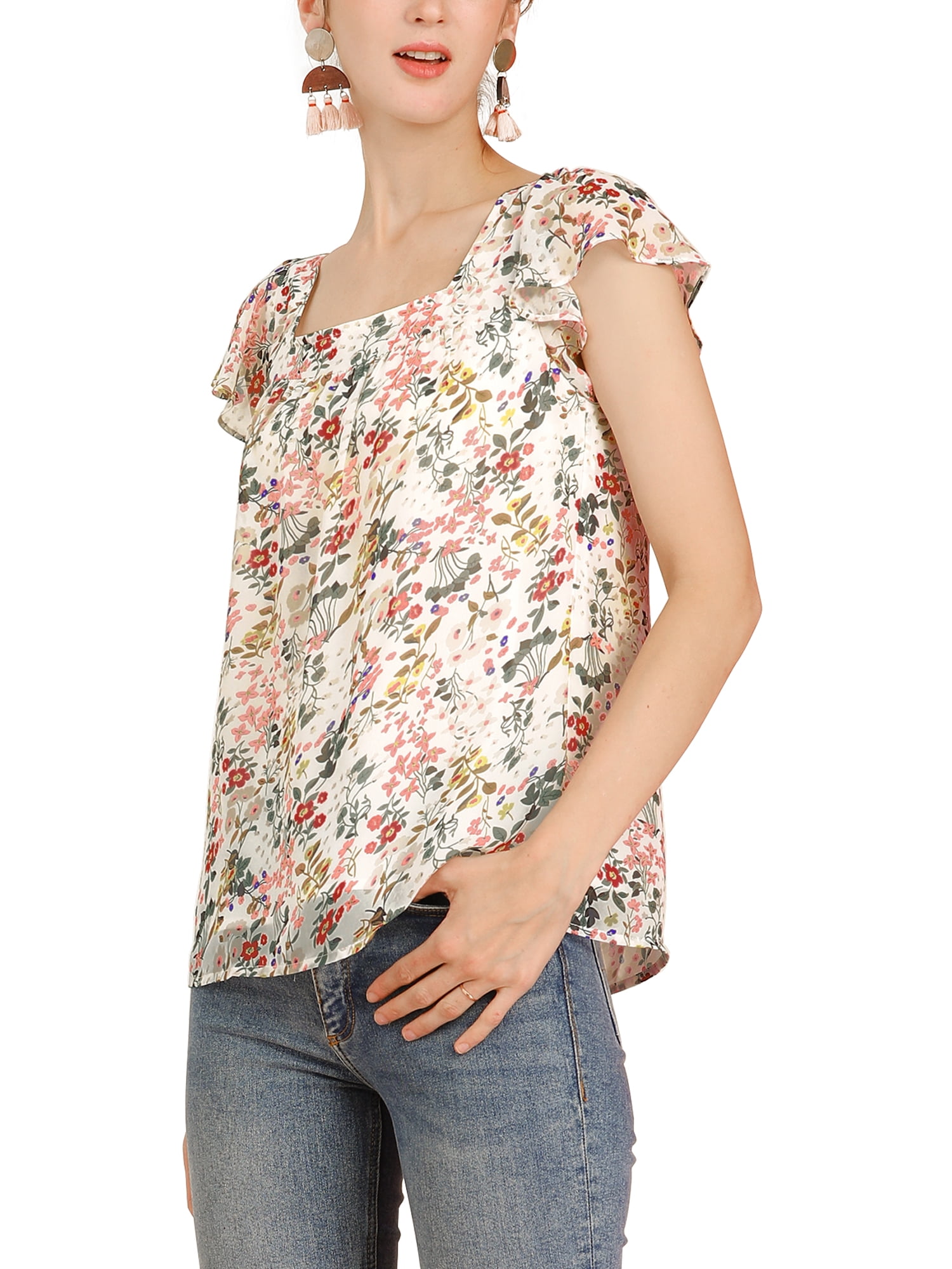 DARING DIVA Women's Floral Ruffle Sleeve Chiffon Blouse Top XS White