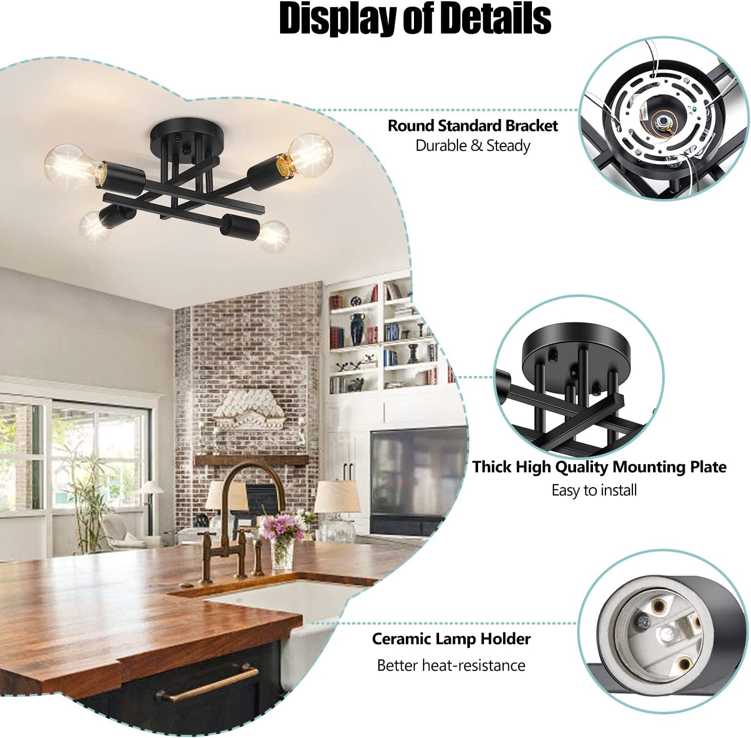 Pynsseu 4-Light Semi Flush Mount Ceiling Fixture, Black photo 5