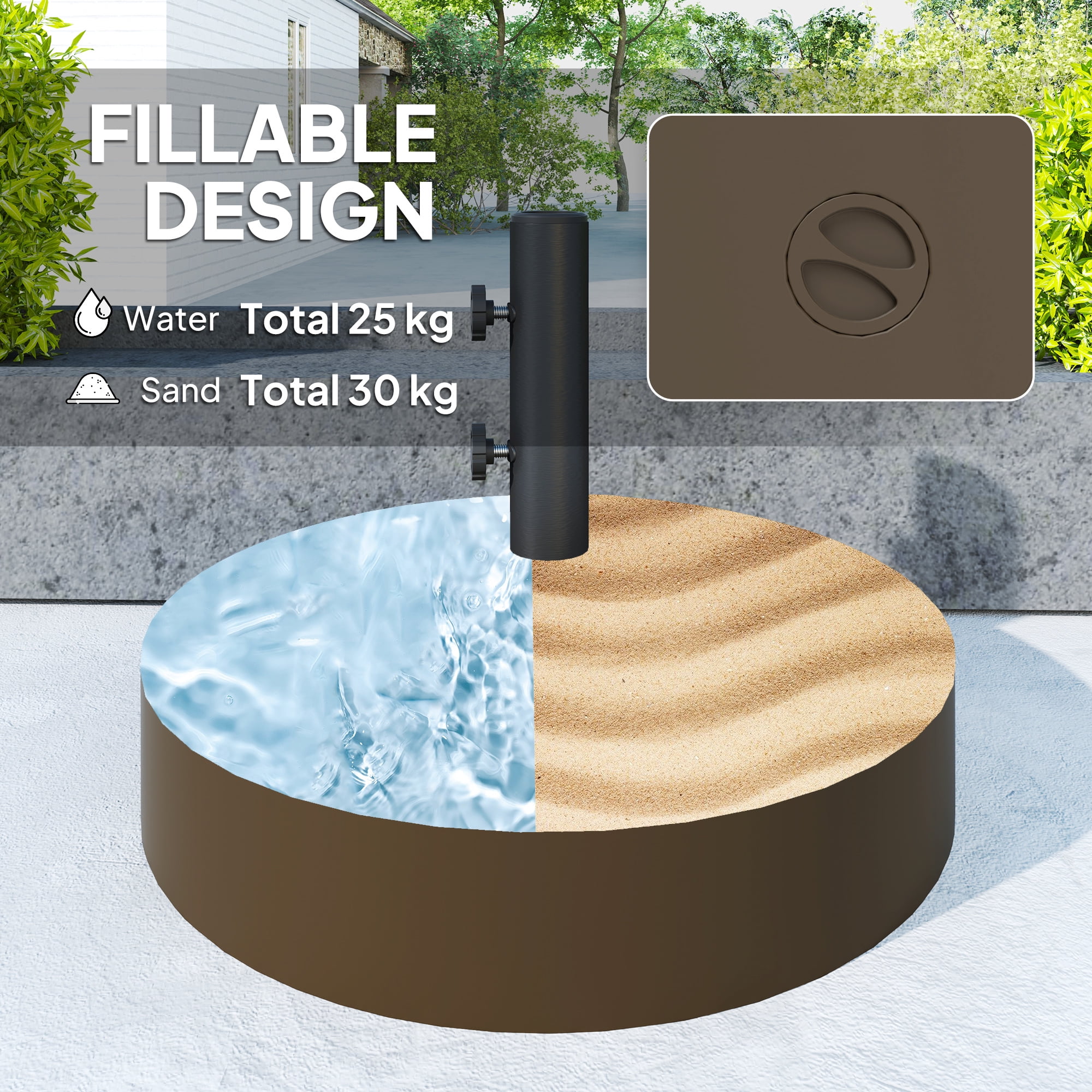 Outsunny Patio Umbrella Base Holder Outdoor Umbrella Stand, Filled Up to 66lbs with Stand or 55lbs with Water for Garden Poolside, Brown