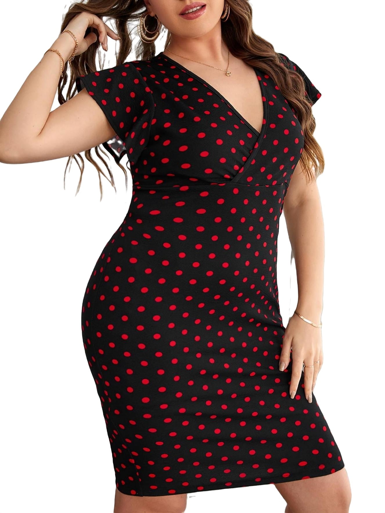 Elegant Polka Dot V Neck Bodycon Sleeveless Plus Size Dresses (Women's