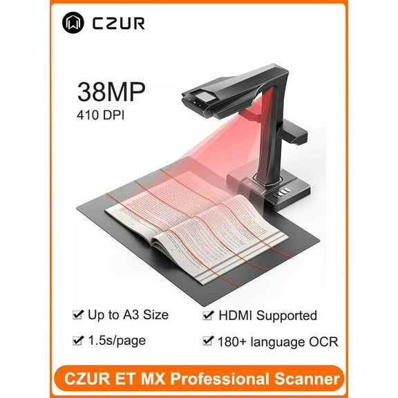 CZUR ET MAX Professional Book Scanner, 38MP Document Camera, Laser Curve-Flatten, USB High Speed Document Scanner, 180  Languages OCR, Capture A3, Support HDMI, for Windows/MacOS/Linux
