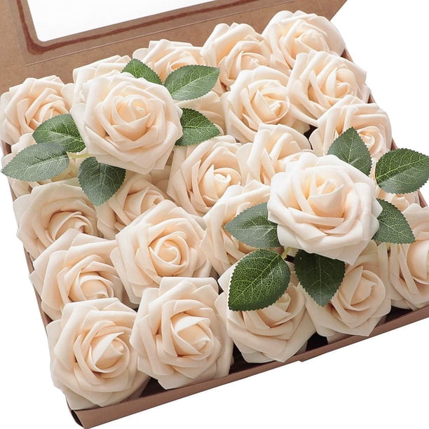 Flores Artificiales, 25pcs Real Mirando Blush Espuma Falsas Rosas con Tallos para DIY, Ramos de Boda, Centros de Mesa para Despedida de Soltera, Decoraciones de Navidad (Rosa Champán)