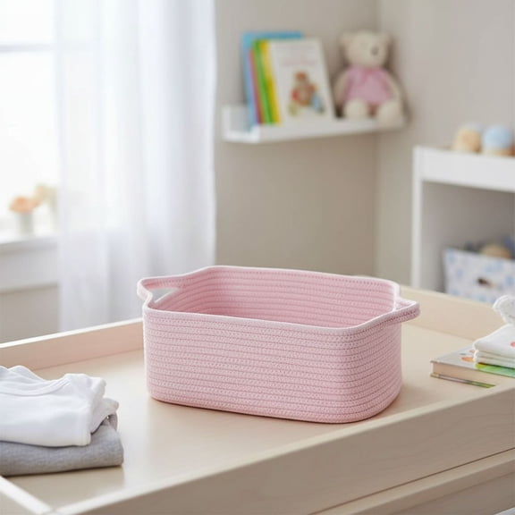 Woven Cotton Rope Storage Basket with Handles for Organizing Shelves Closet Small Cat Dog Pet Toy Baskets Box Bin Decorative Rectangle Baby Nursery basket Gift Basket Empty Light pink