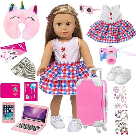 ZQDOLL American 18 inch Doll Clothes and Accessories - Doll Travel Suitcase Play Set Including Suitcase Doll Clothes, Shoes, Sunglasses, Camera, Unicorn Pillow, for 18 inch Doll(No Doll)
