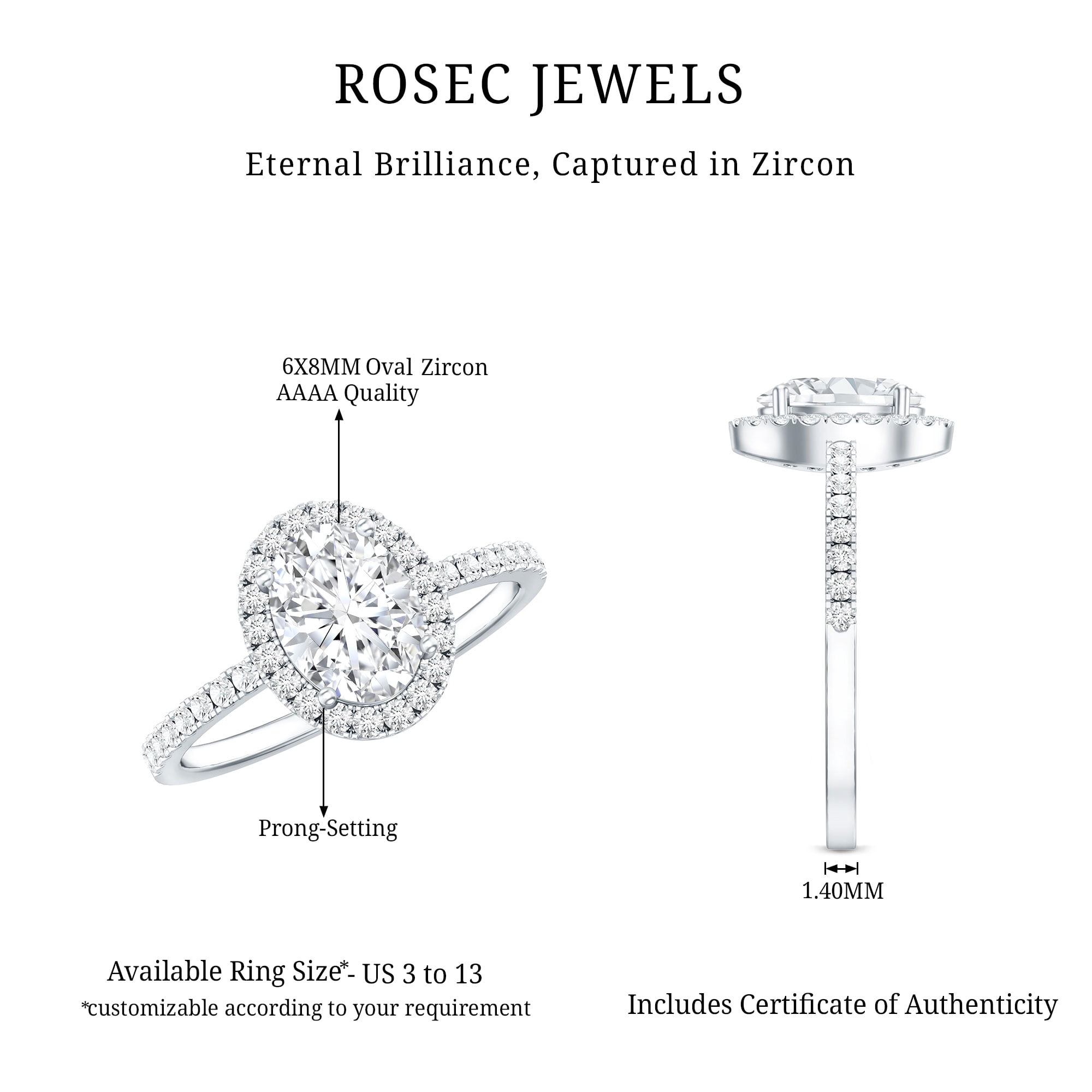 Rosec Jewels Classic Cubic Zirconia Halo Engagement Ring for Women, 925 Sterling Silver, US 4.00